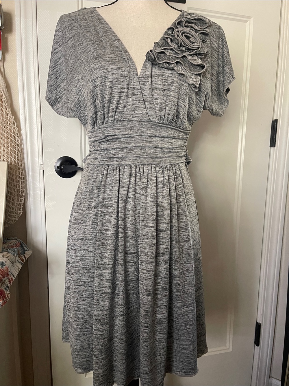 Speechless Heather Gray V-Neck Midi Dress with Rosette Shoulder